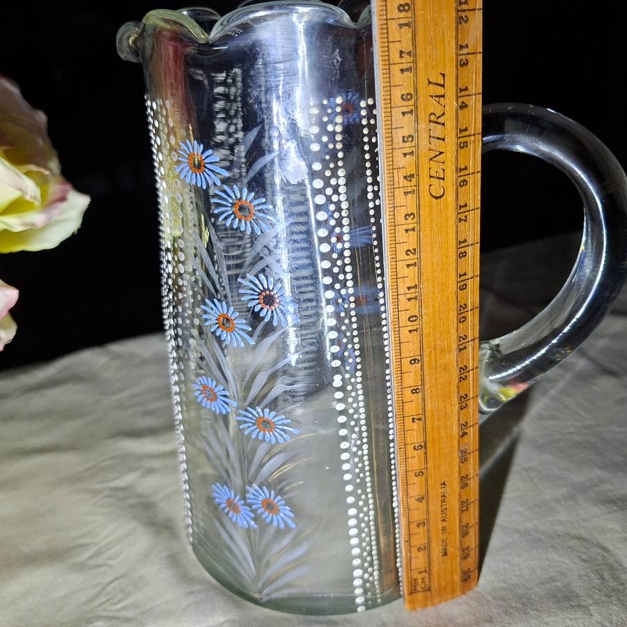 Victorian art glass jug - etched enamelled handblown lemonade jug 19 cms tall