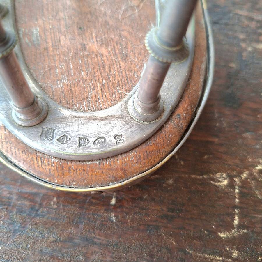 Gothic silver plated toast rack on oak base with four feet - late 1800's  T.H and S.