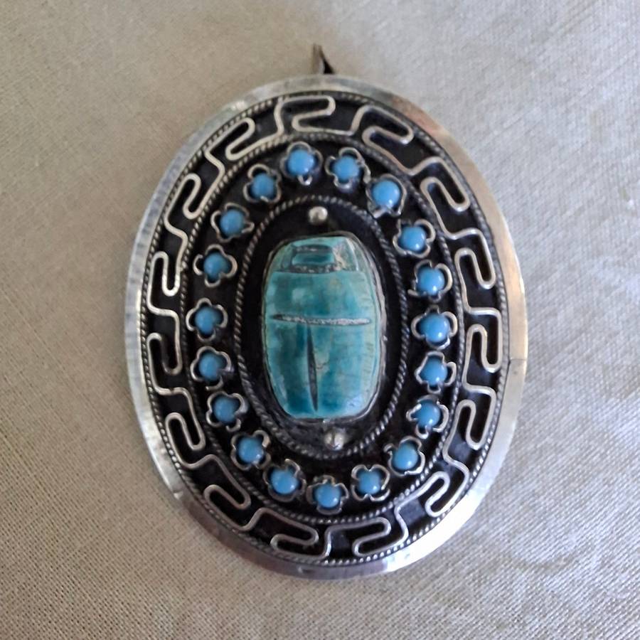 Silver brooch - revival egyption silver with ceramic scarab and torquoise glass beads
