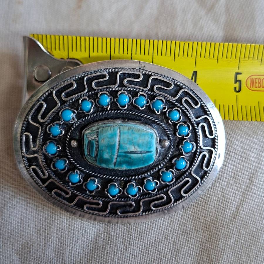 Silver brooch - revival egyption silver with ceramic scarab and torquoise glass beads