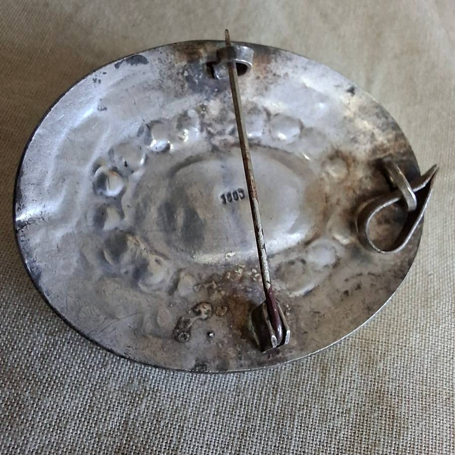 Silver brooch - revival egyption silver with ceramic scarab and torquoise glass beads