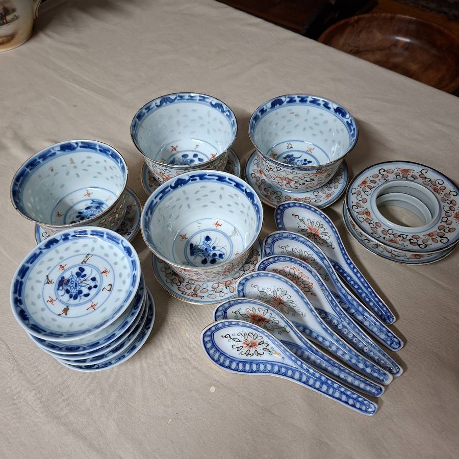 Vintage chinese food bowls stands and spoons