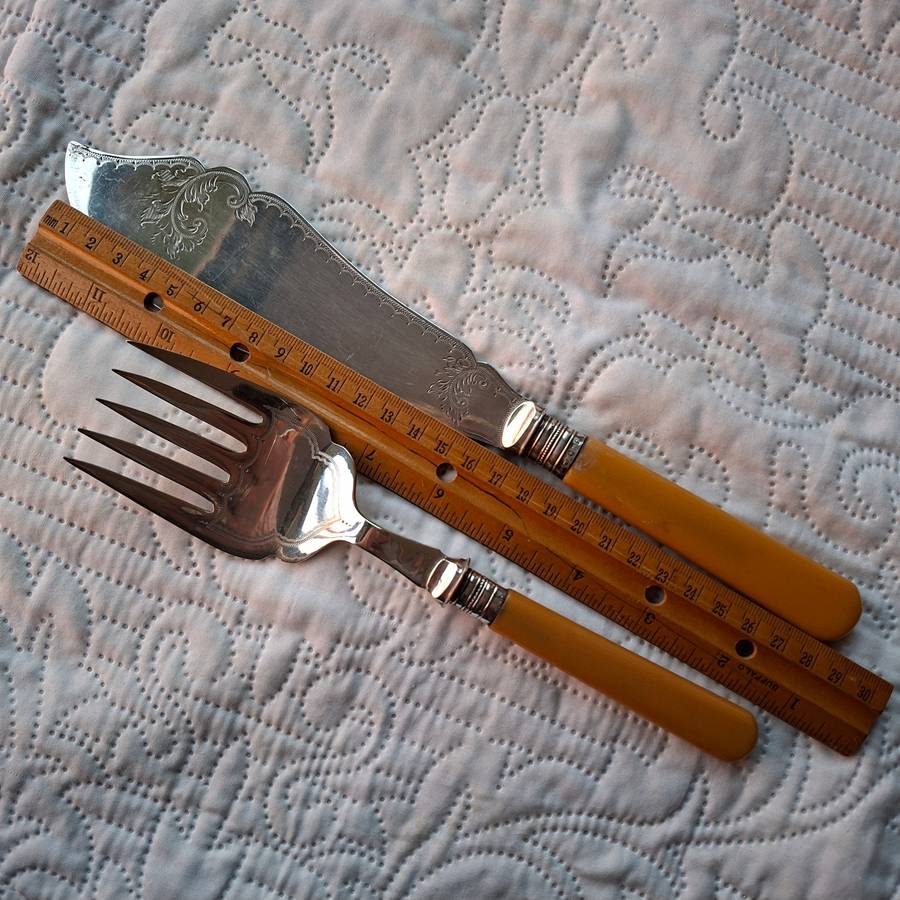 Serving cutlery with silver collars, ornate - wedding cake servers, fish servers.