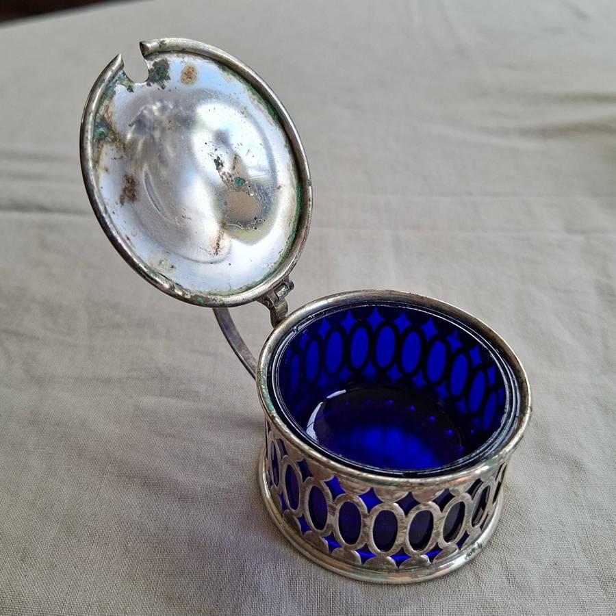 Silver plate mustard pot with original glass inner