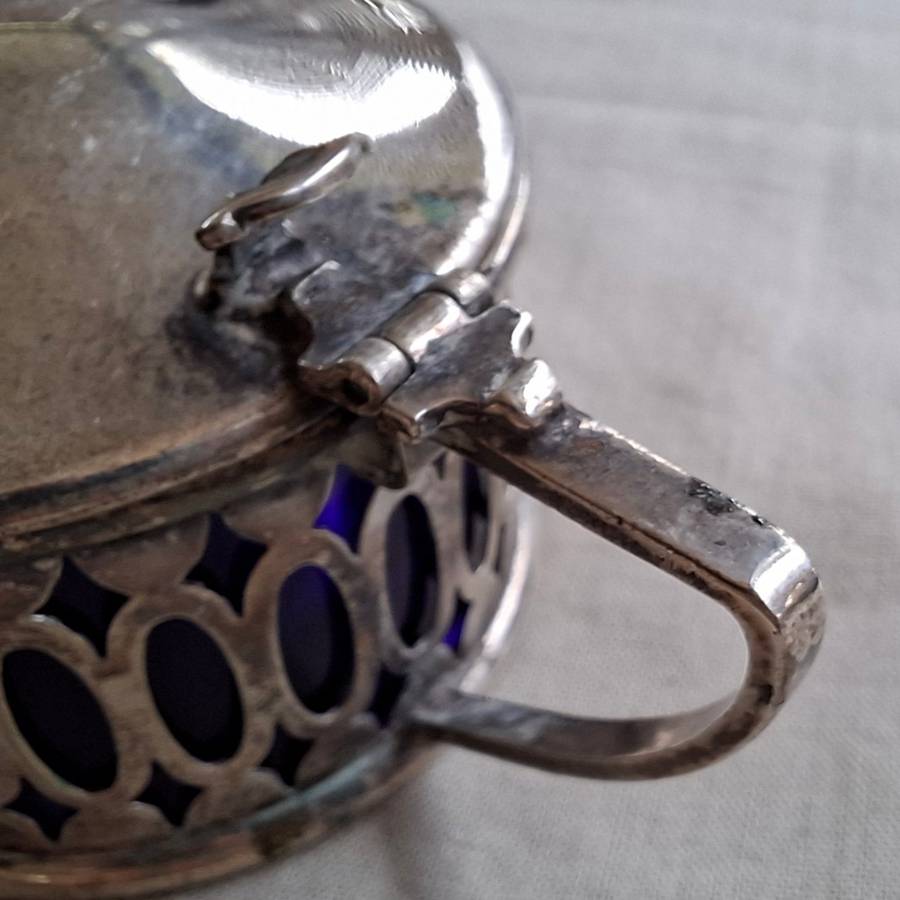 Silver plate mustard pot with original glass inner