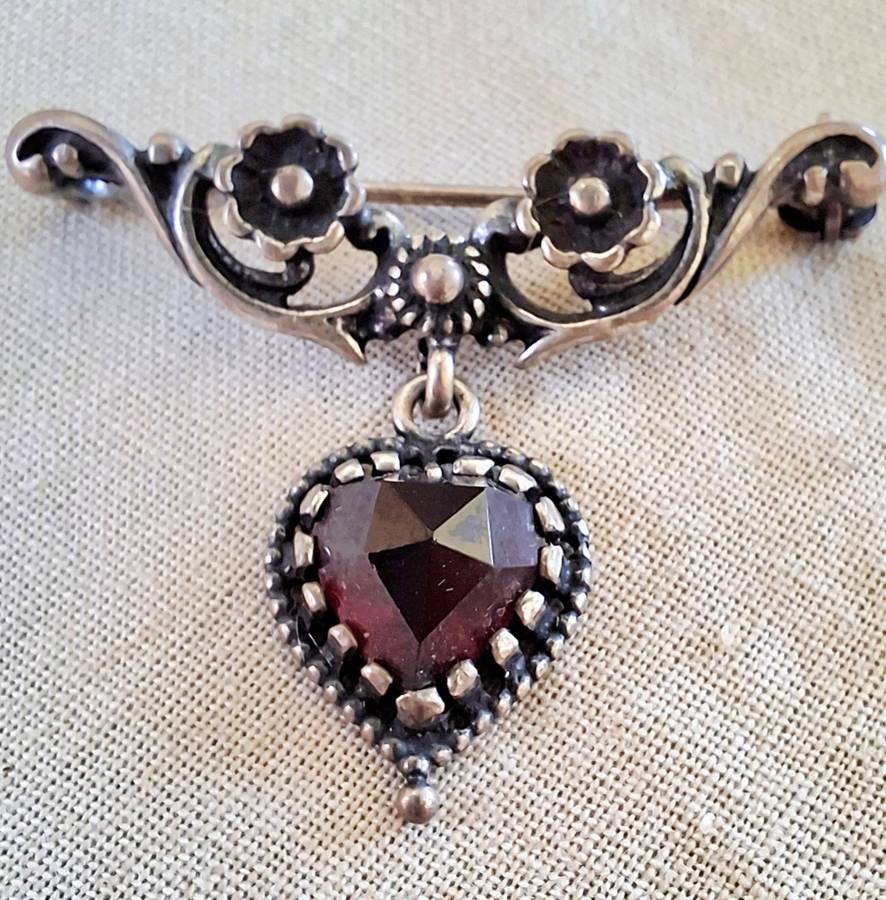 German silver and garnet? heart brooch 925 and 935 silver