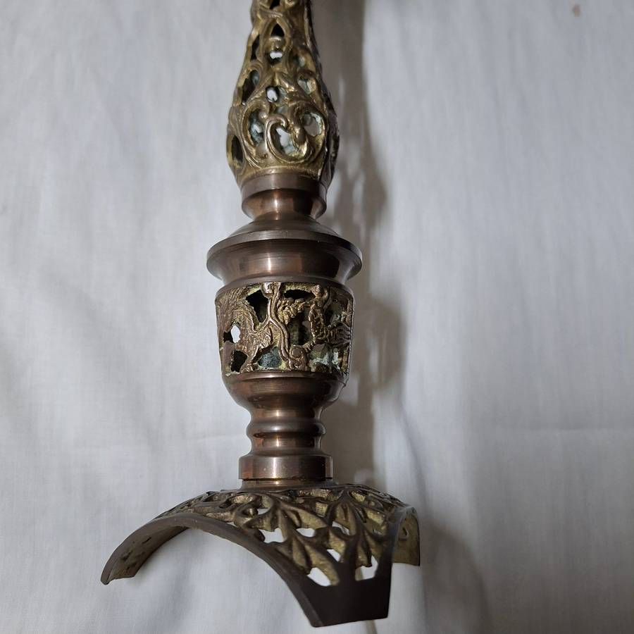 Brass candle stick - filigree ornate approx 30 cms tall