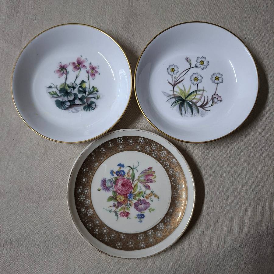 2 Royal Worcester Pin Trays plus 1 German Rosenthal pin tray - floral