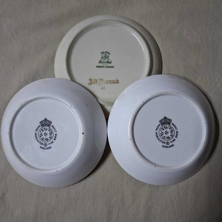 2 Royal Worcester Pin Trays plus 1 German Rosenthal pin tray - floral