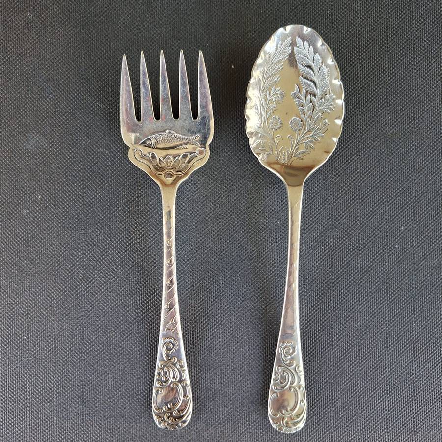 Jam Sugar spoon and sardine fork silver plate ornate with fish and floral designs 14 to 15 cms - ...