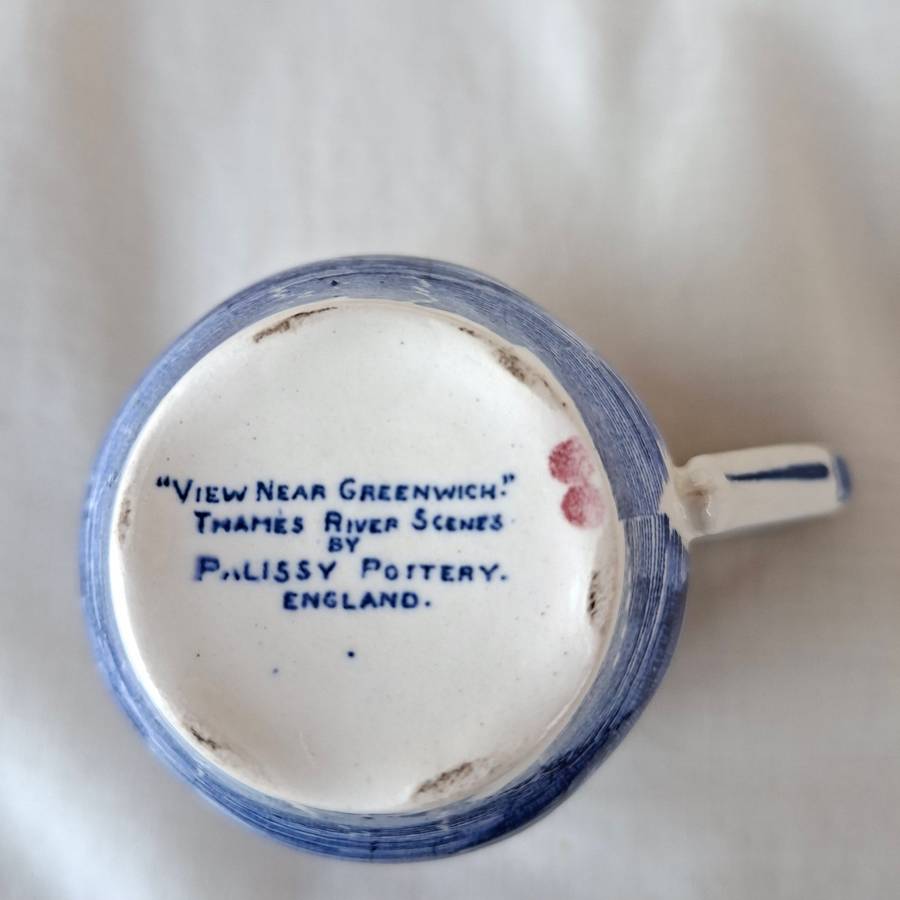 4 Coffee Cups and saucers Palissy Pottery blue and white scene -