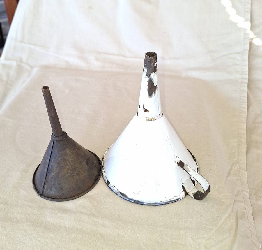 Kitchenalia 1 Enamel and 1 metal funnel- vintage
