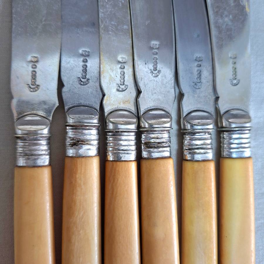 12 Fish knives and forks Silver hallmarked collars - bone or ivorine handles - etched