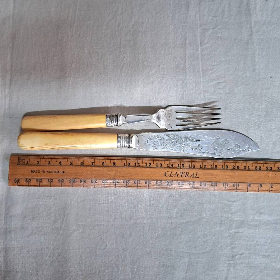 12 Fish knives and forks Silver hallmarked collars - bone or ivorine handles - etched