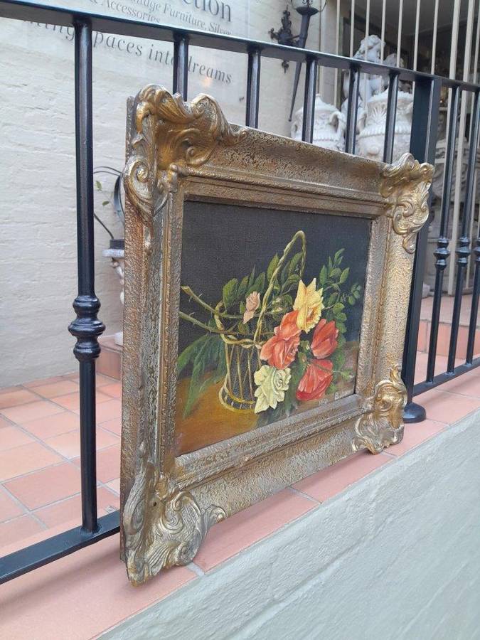 A Mid 20th Century Floral Oil Painting In Ornately Gilded Frame. Purchased In France