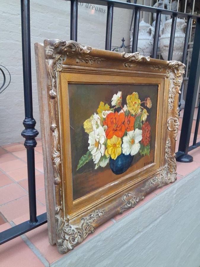 A 20th Century Oil Painting Of Flowers In Ornately Gilded Frame. Purchased In France