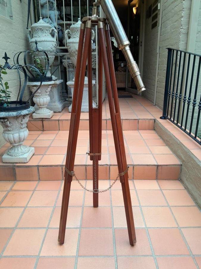 A 20TH Century Solid Brass Telescope on Adjustable Teak Wood Tripod Stand With Brass Fittings and...