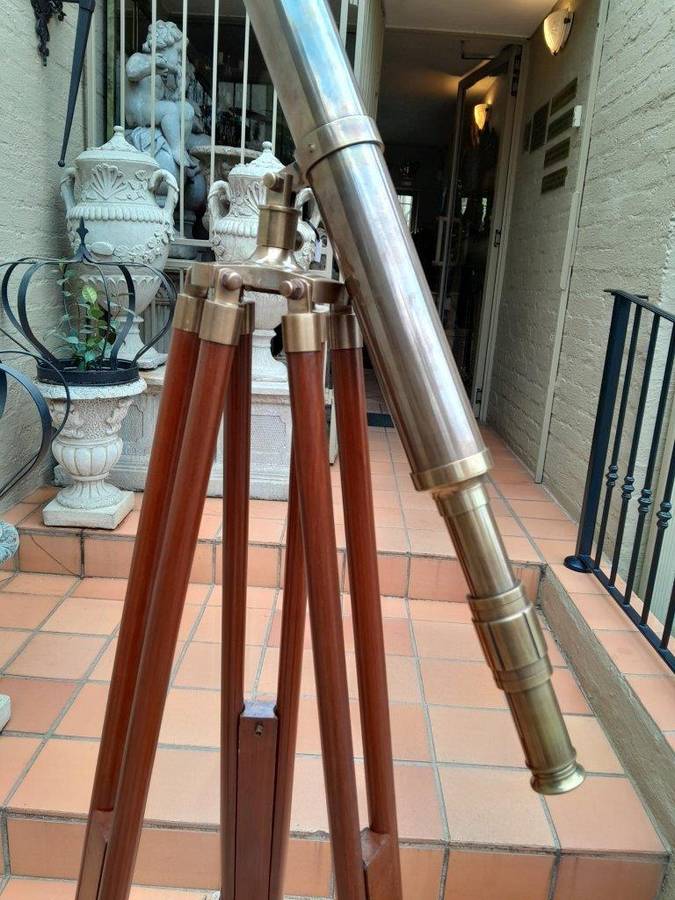 A 20TH Century Solid Brass Telescope on Adjustable Teak Wood Tripod Stand With Brass Fittings and...