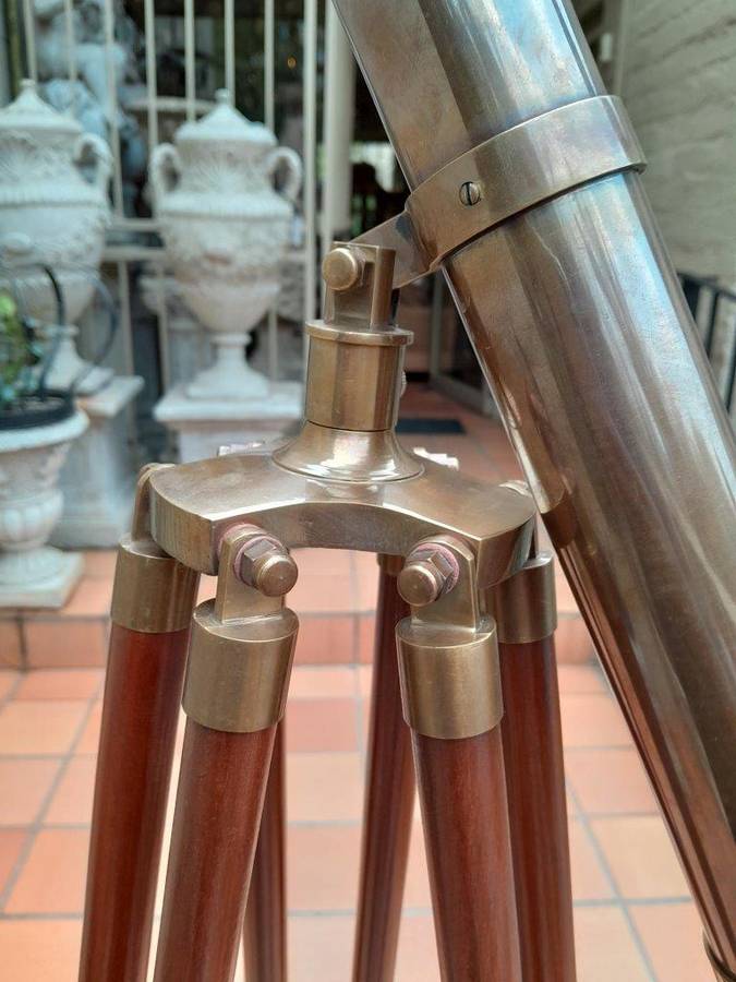 A 20TH Century Solid Brass Telescope on Adjustable Teak Wood Tripod Stand With Brass Fittings and...