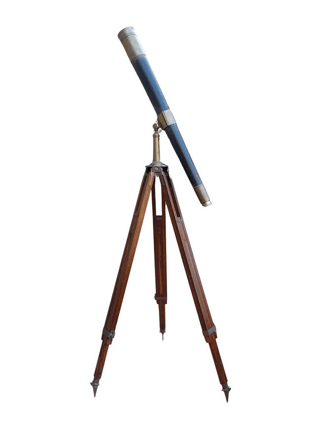 An Antique Brass And Leather Telescope On Brass And Oak Tripod Stand