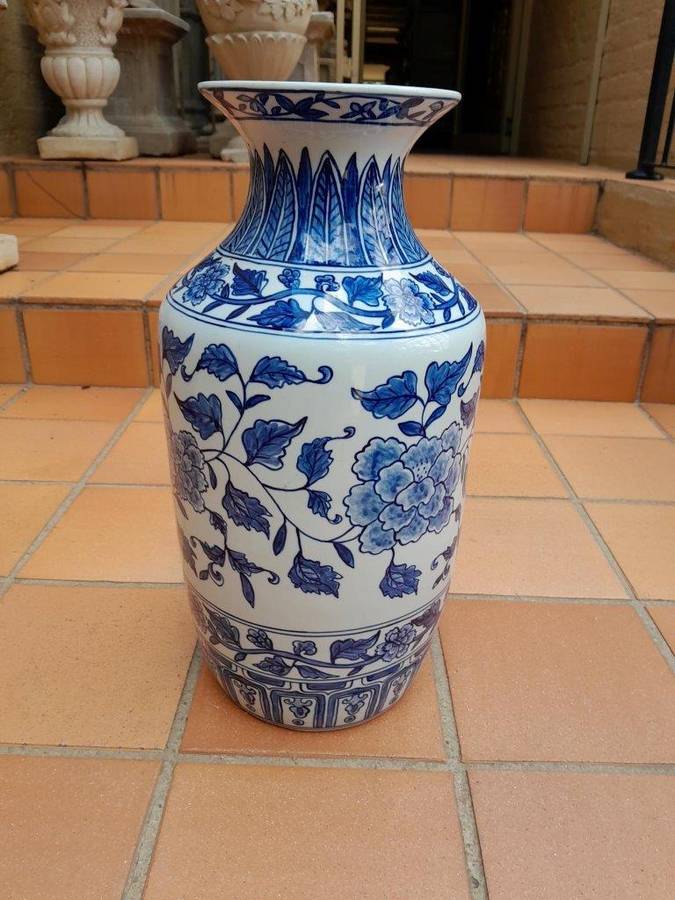 A 20th Century Pair of Blue / White Painted Ceramic Vases