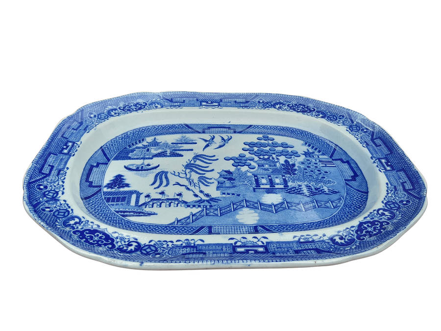 An Antique Blue and White Willow Pattern Porcelain Platter