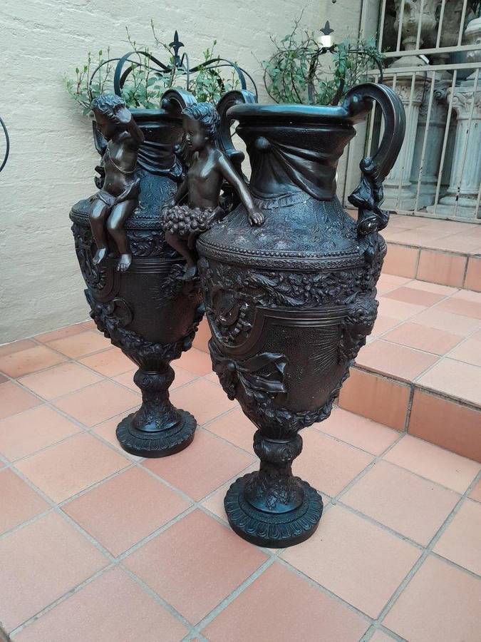 A 20th Century Extremely Large And Rare Pair Of Patinated Vases With Puti Detail Nd