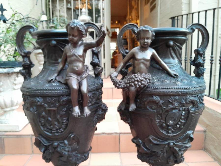 A 20th Century Extremely Large And Rare Pair Of Patinated Vases With Puti Detail Nd