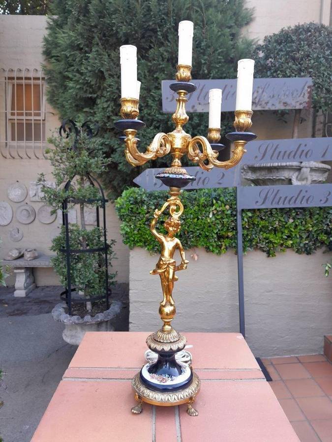 A  20th Century Louis Xvi Style Figural Brass With Blue Porcelain Table Lamp