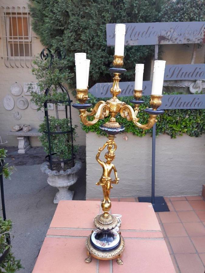 A  20th Century Louis Xvi Style Figural Brass With Blue Porcelain Table Lamp