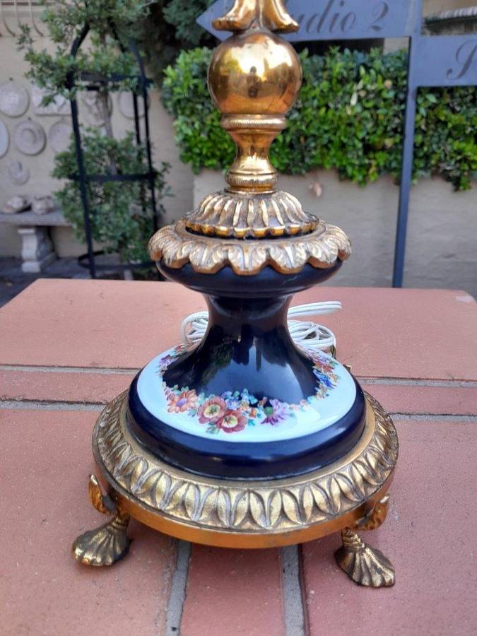 A  20th Century Louis Xvi Style Figural Brass With Blue Porcelain Table Lamp