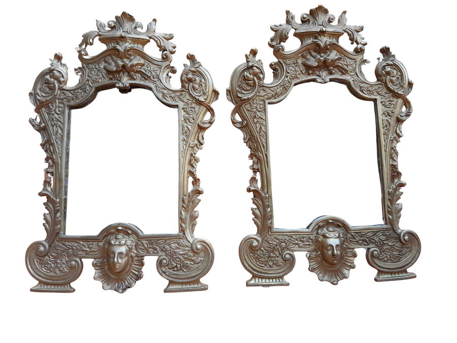 A Pair Of French Rococo Style Brass Easel Framed Mirrors