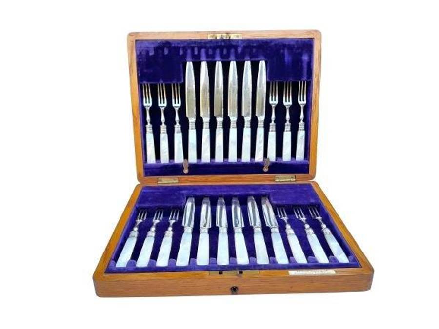 A 20th Century Sterling Silver With Pearl Handles Twelve Piece Fruit Knives And Forks By A Jack A...
