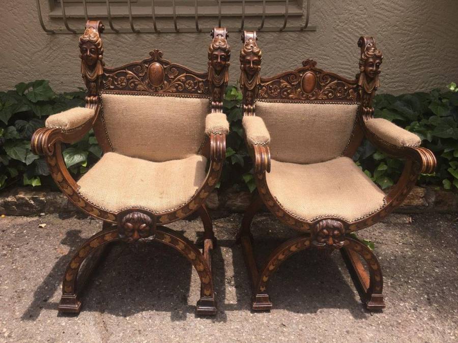 Pair Mid 19th Century Italian Oak Carved Savonarola Chairs, Provenance Heather Lloyd Jones-Westco...