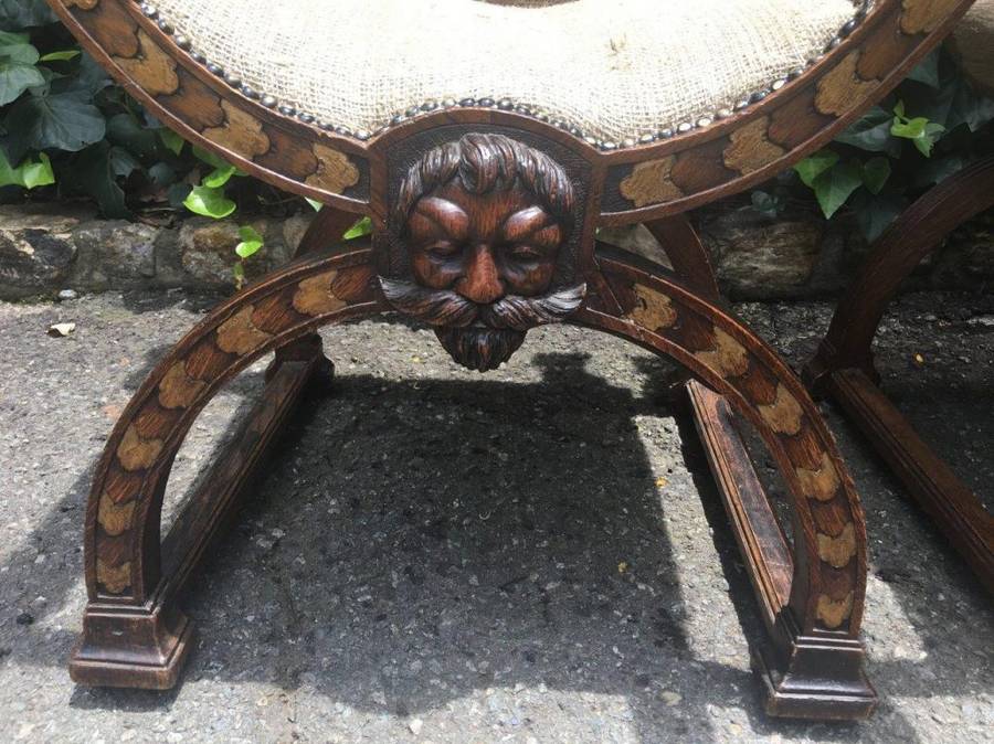 Pair Mid 19th Century Italian Oak Carved Savonarola Chairs, Provenance Heather Lloyd Jones-Westco...