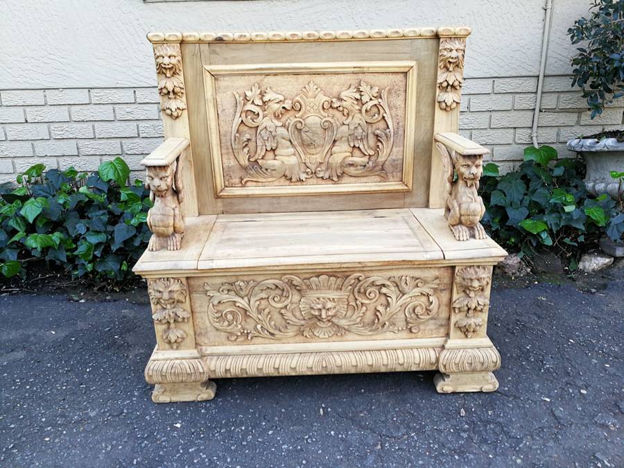 An Antique Heavily Carved Walnut Monks Bench In a Bleached / Natural Wood Finish - ND