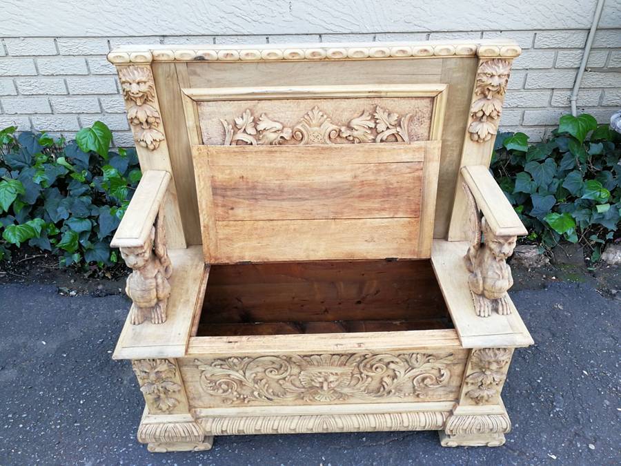 An Antique Heavily Carved Walnut Monks Bench In a Bleached / Natural Wood Finish - ND