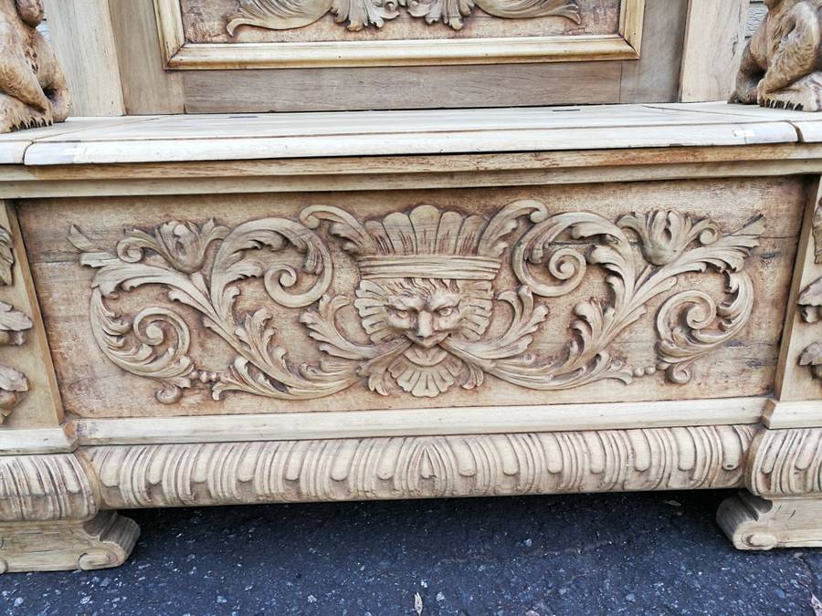 An Antique Heavily Carved Walnut Monks Bench In a Bleached / Natural Wood Finish - ND