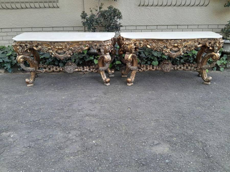 Pair Louis XVI style moulded and gilded Console / Hall Tables, with moulded serpentine fronted gr...