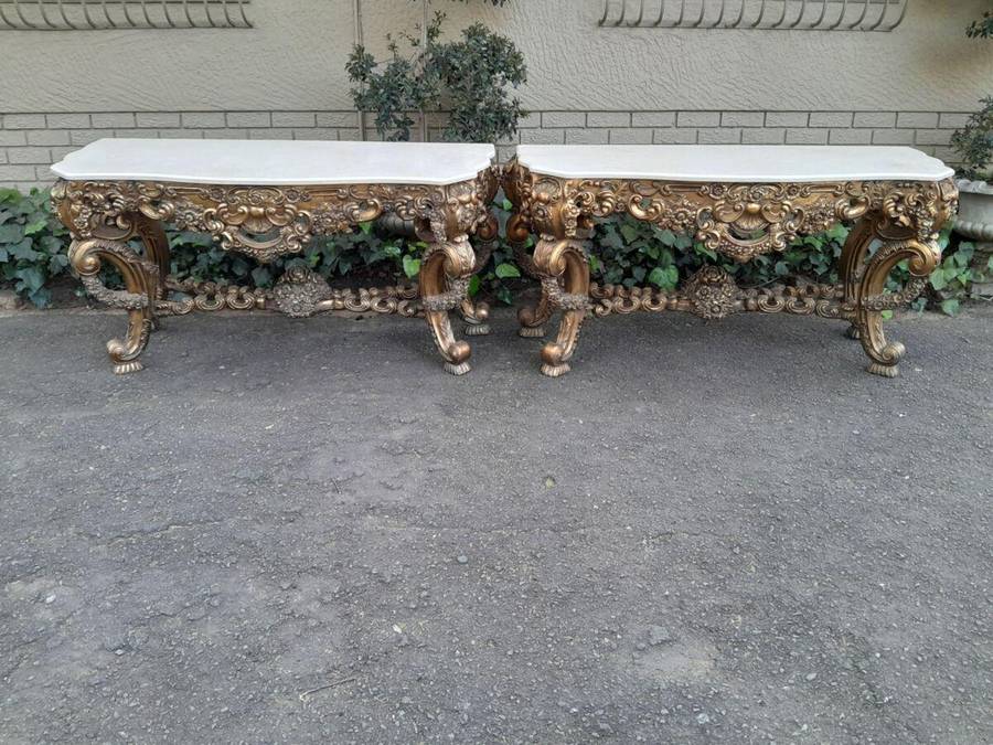 Pair Louis XVI style moulded and gilded Console / Hall Tables, with moulded serpentine fronted gr...