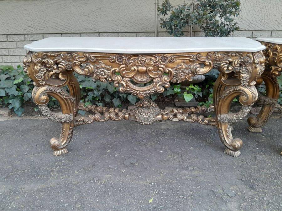 Pair Louis XVI style moulded and gilded Console / Hall Tables, with moulded serpentine fronted gr...