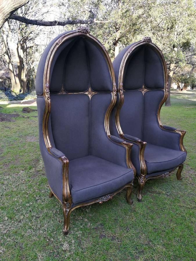 A Pair Of French Style Hand Gilded Dome Chairs Upholstered in a Contemporary Charcoal Linen