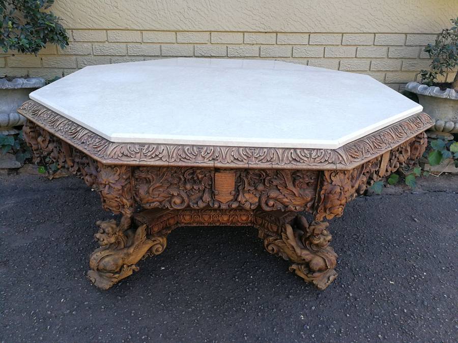 Magnificent and rare ornately carved R J Horner octagonal Bleached / Natural entrance/foyer table...