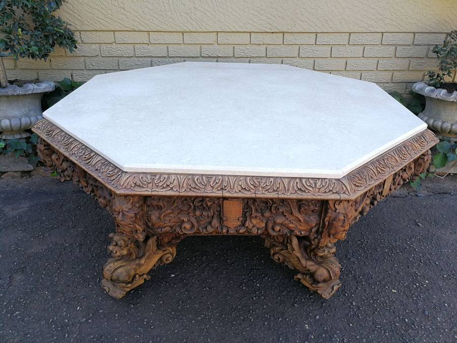 Magnificent and rare ornately carved R J Horner octagonal Bleached / Natural entrance/foyer table...