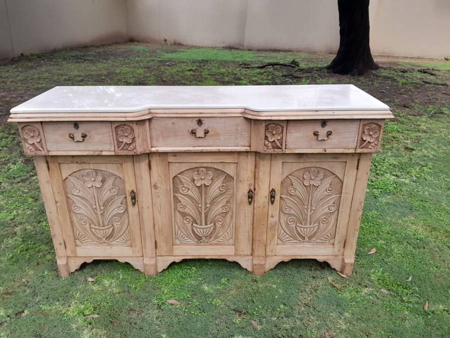 An Antique Victorian Carved Oak Sideboard / Server in a Contemporary Bleached Finish with a Cream...