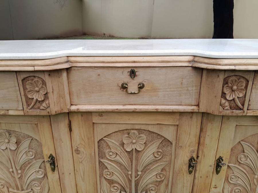An Antique Victorian Carved Oak Sideboard / Server in a Contemporary Bleached Finish with a Cream...
