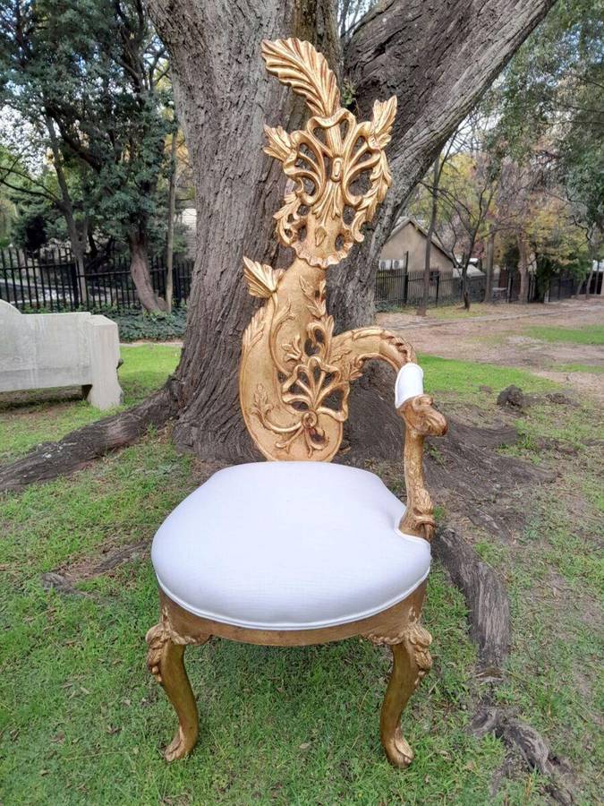 A Pair of Baroque Style Carved and Hand Gilded High Back Throne Chairs (upholstered in white)