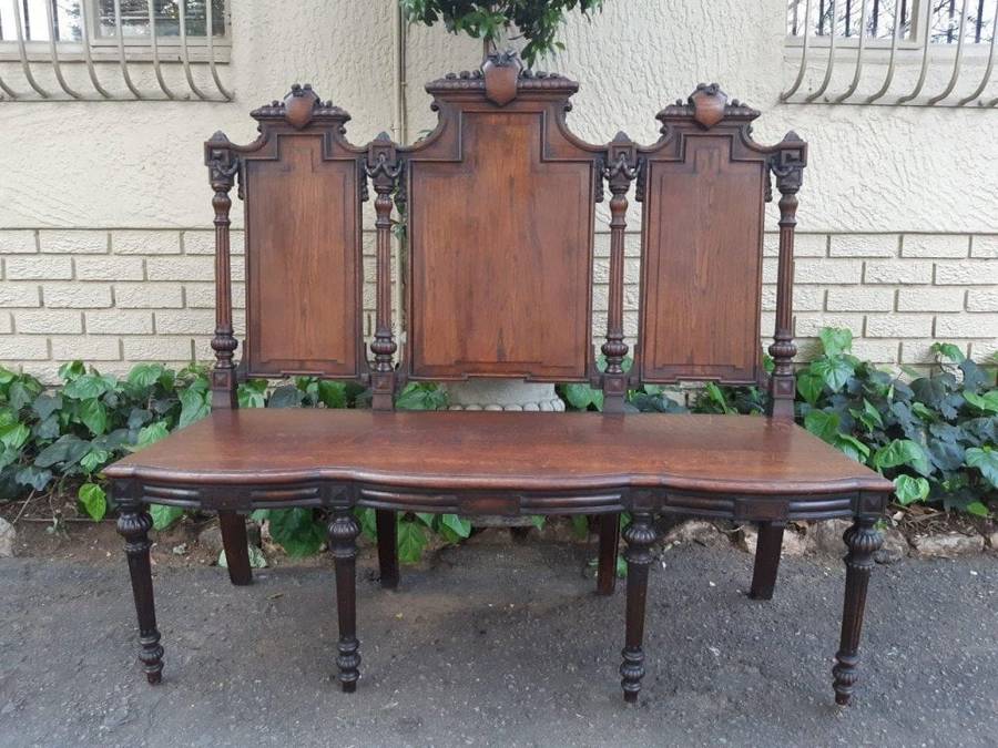 French 19th Century oak carved 3-seater bench, 129cm high, 135cm wide