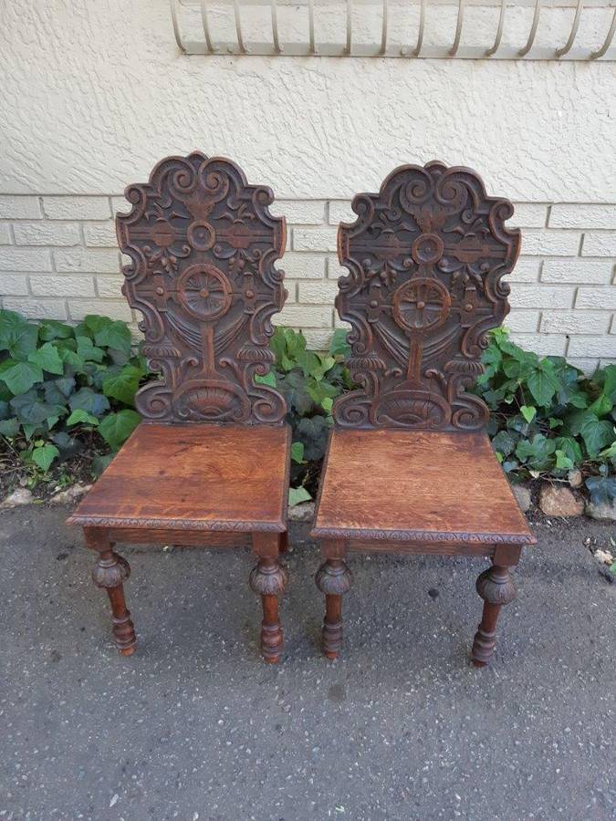 Pair Of "Gothic Revival" Carved Oak Hall Chairs
