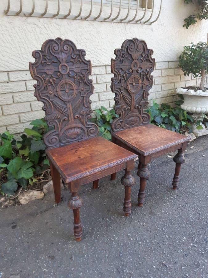 Pair Of "Gothic Revival" Carved Oak Hall Chairs